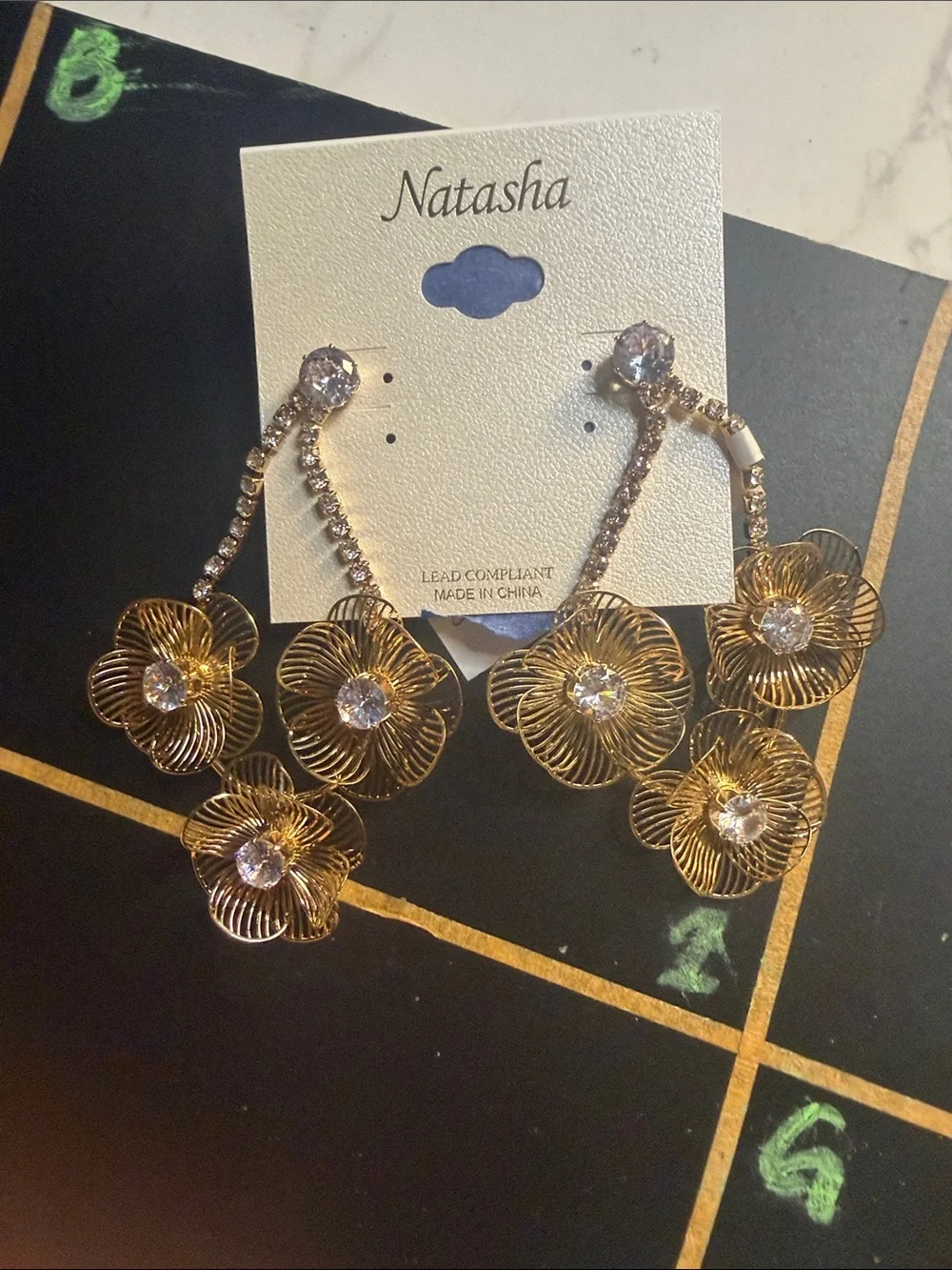 Natasha Couture Gold Floral Drop Earrings with Clear Crystals